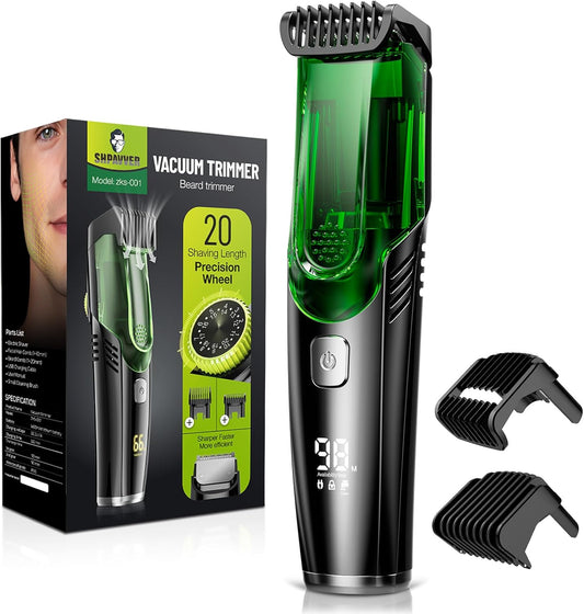 SHPAVVER VACUUM BEARD TRIMMER, Vacuum Rechargeable Mustache Trimmer, IPX6 Waterproof Built-in Electric Beard Trimmer, Gift for Men