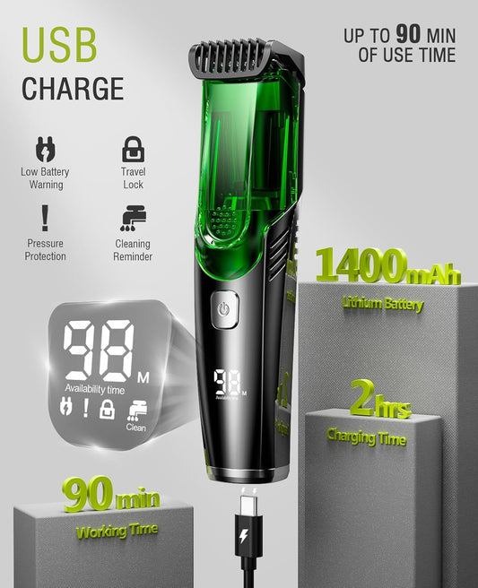 SHPAVVER VACUUM BEARD TRIMMER, Vacuum Rechargeable Mustache Trimmer, IPX6 Waterproof Built-in Electric Beard Trimmer, Gift for Men
