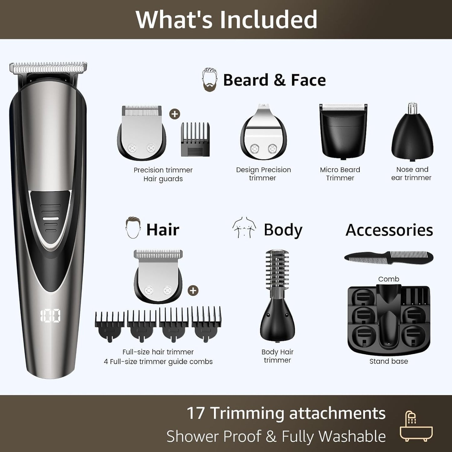 SHPAVVER Electric Beard Trimmer for Men: 16-in-1 Professional Barber Hair Clippers - Cordless Grooming Kit - Turbo Speed & Precision Blades