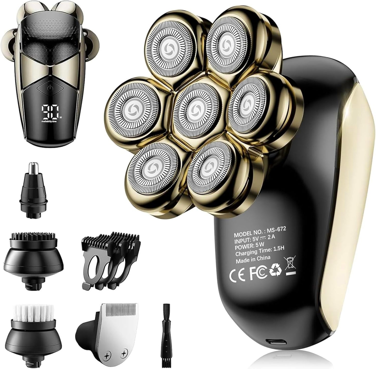 SHPAVVER Detachable Head Shavers, SHPAVVER 5 in 1 Electric Razor IPX7 Waterproof for Bald Men, Wet Dry LED Display Rechargeable 7D Rotary Shaver Grooming Kit with Type C Charge A