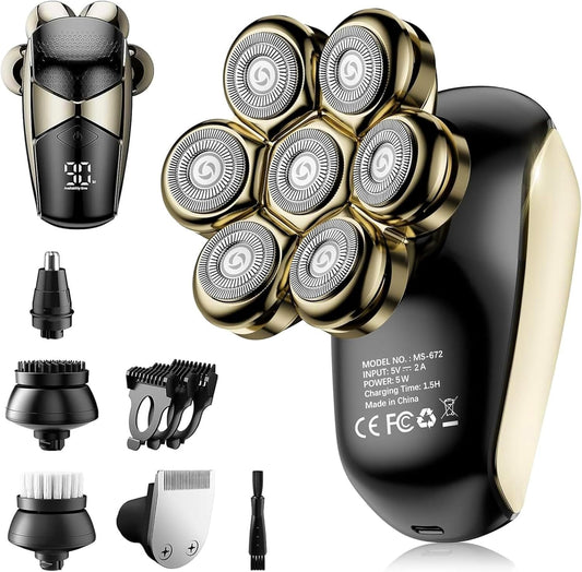 SHPAVVER Detachable Head Shavers, SHPAVVER 5 in 1 Electric Razor IPX7 Waterproof for Bald Men, Wet Dry LED Display Rechargeable 7D Rotary Shaver Grooming Kit with Type C Charge A